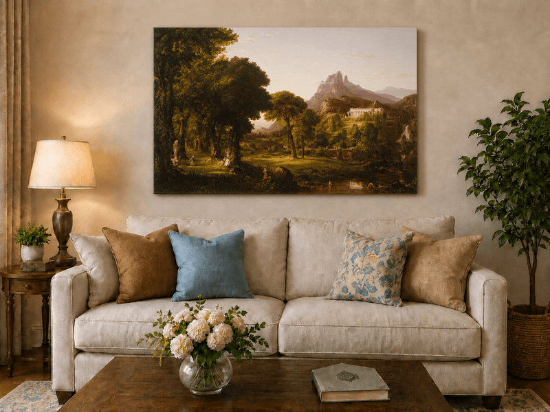 Peinture à l'huile de paysage - Village côtier avec phare et coucher de soleil