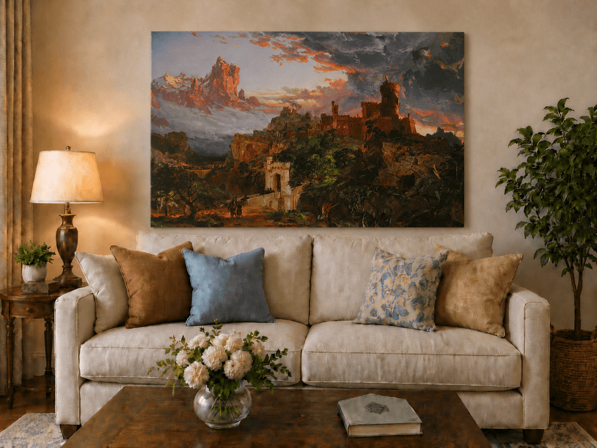 Landscape Oil Painting - Hand-Painted Dramatic Castle Sunset