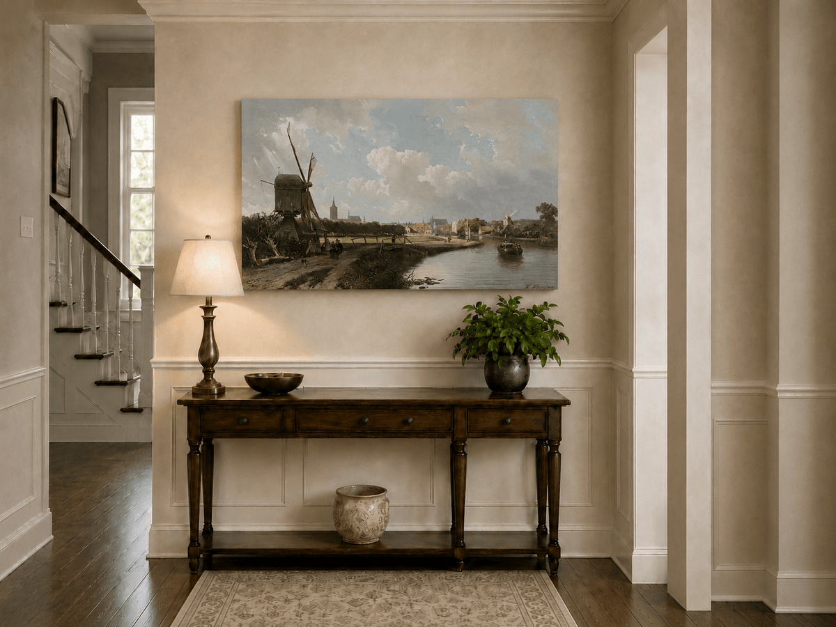 Peinture à l'huile de paysage - Village côtier avec phare et coucher de soleil