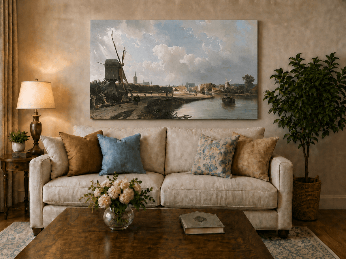 Peinture à l'huile de paysage - Village côtier avec phare et coucher de soleil
