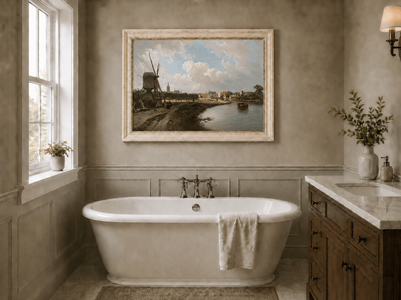 Peinture à l'huile de paysage - Village côtier avec phare et coucher de soleil