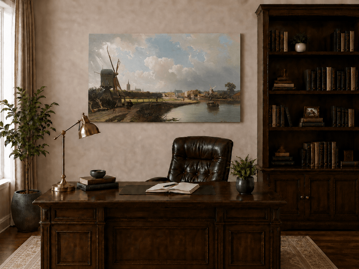 Peinture à l'huile de paysage - Village côtier avec phare et coucher de soleil
