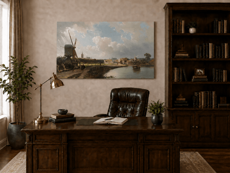 Peinture à l'huile de paysage - Village côtier avec phare et coucher de soleil