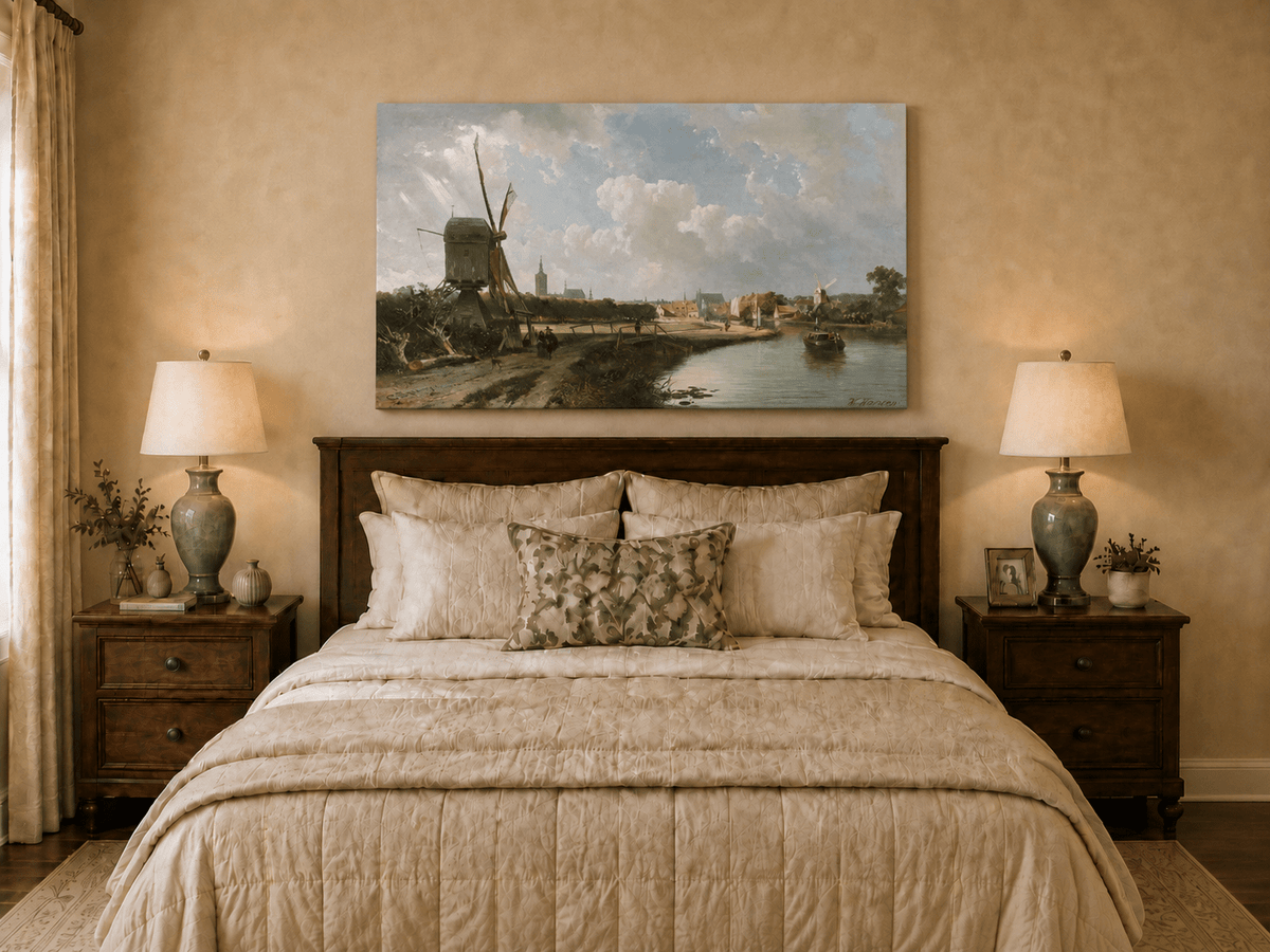 Peinture à l'huile de paysage - Village côtier avec phare et coucher de soleil