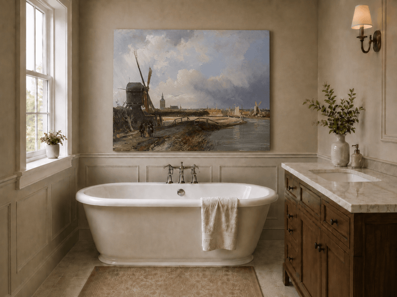 Landscape Oil Painting - Hand-Painted Dutch Windmill Canal View