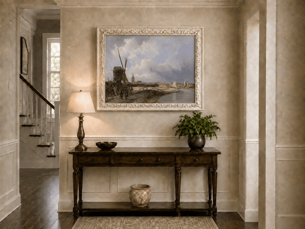 Landscape Oil Painting - Hand-Painted Dutch Windmill Canal View