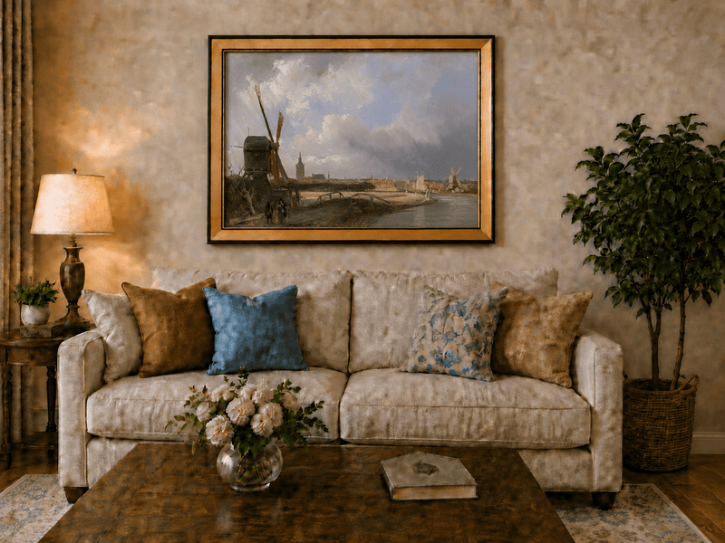 Landscape Oil Painting - Hand-Painted Dutch Windmill Canal View