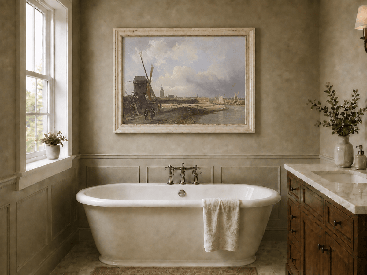 Landscape Oil Painting - Hand-Painted Dutch Windmill Canal View