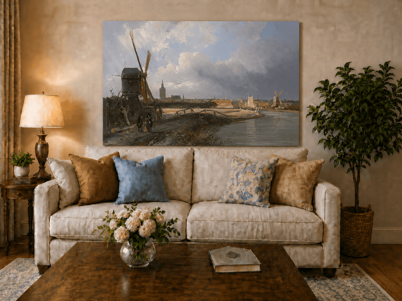 Landscape Oil Painting - Hand-Painted Dutch Windmill Canal View