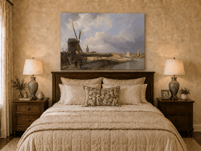 Landscape Oil Painting - Hand-Painted Dutch Windmill Canal View