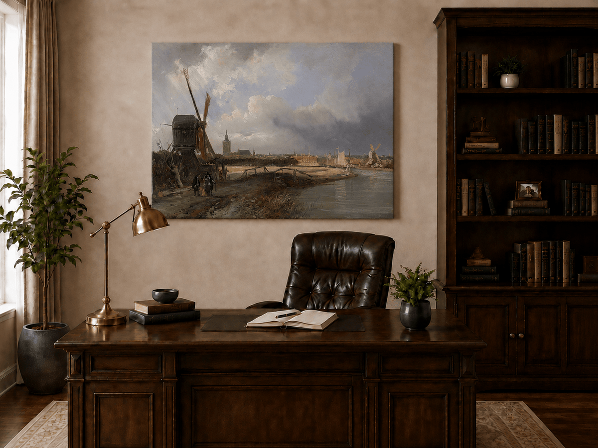 Landscape Oil Painting - Hand-Painted Dutch Windmill Canal View