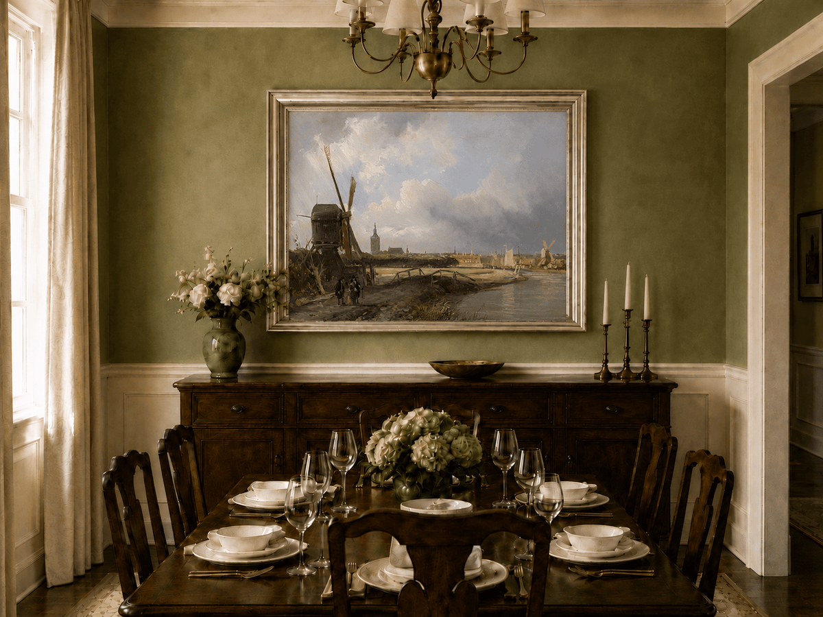 Landscape Oil Painting - Hand-Painted Dutch Windmill Canal View