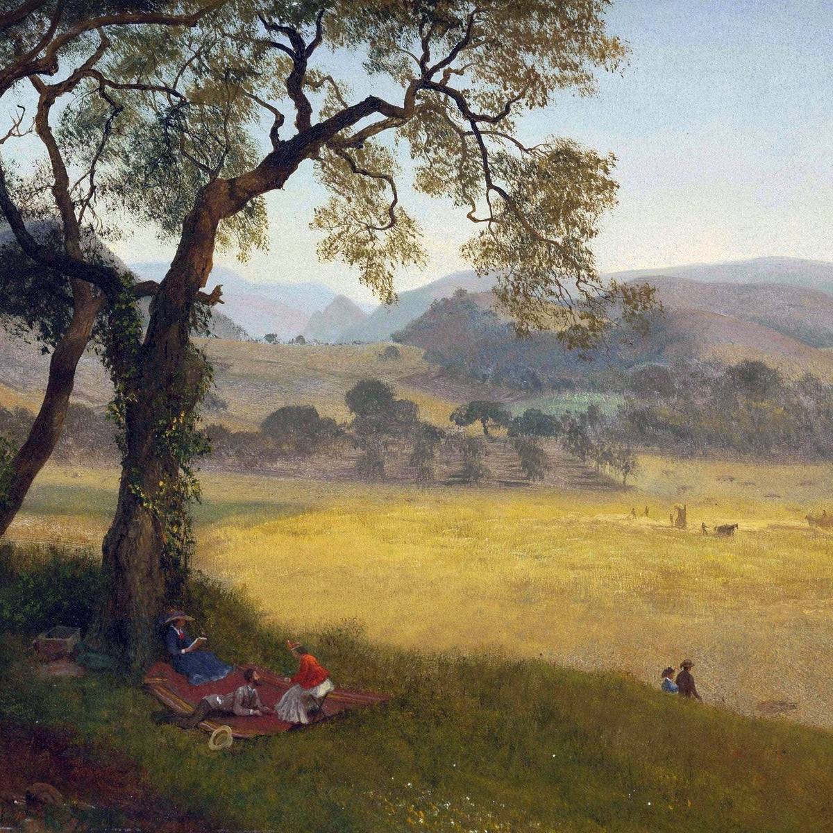 Landscape Oil Painting - Hand-Painted Golden Meadow Picnic Scene