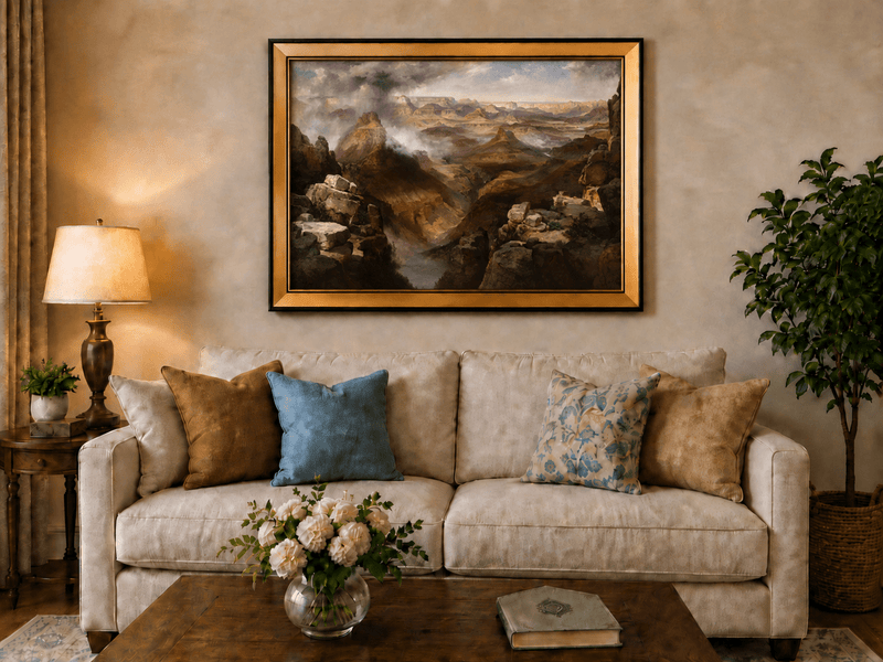 Peinture à l'huile de paysage - Village côtier avec phare et coucher de soleil