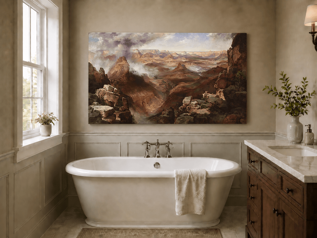 Peinture à l'huile de paysage - Village côtier avec phare et coucher de soleil