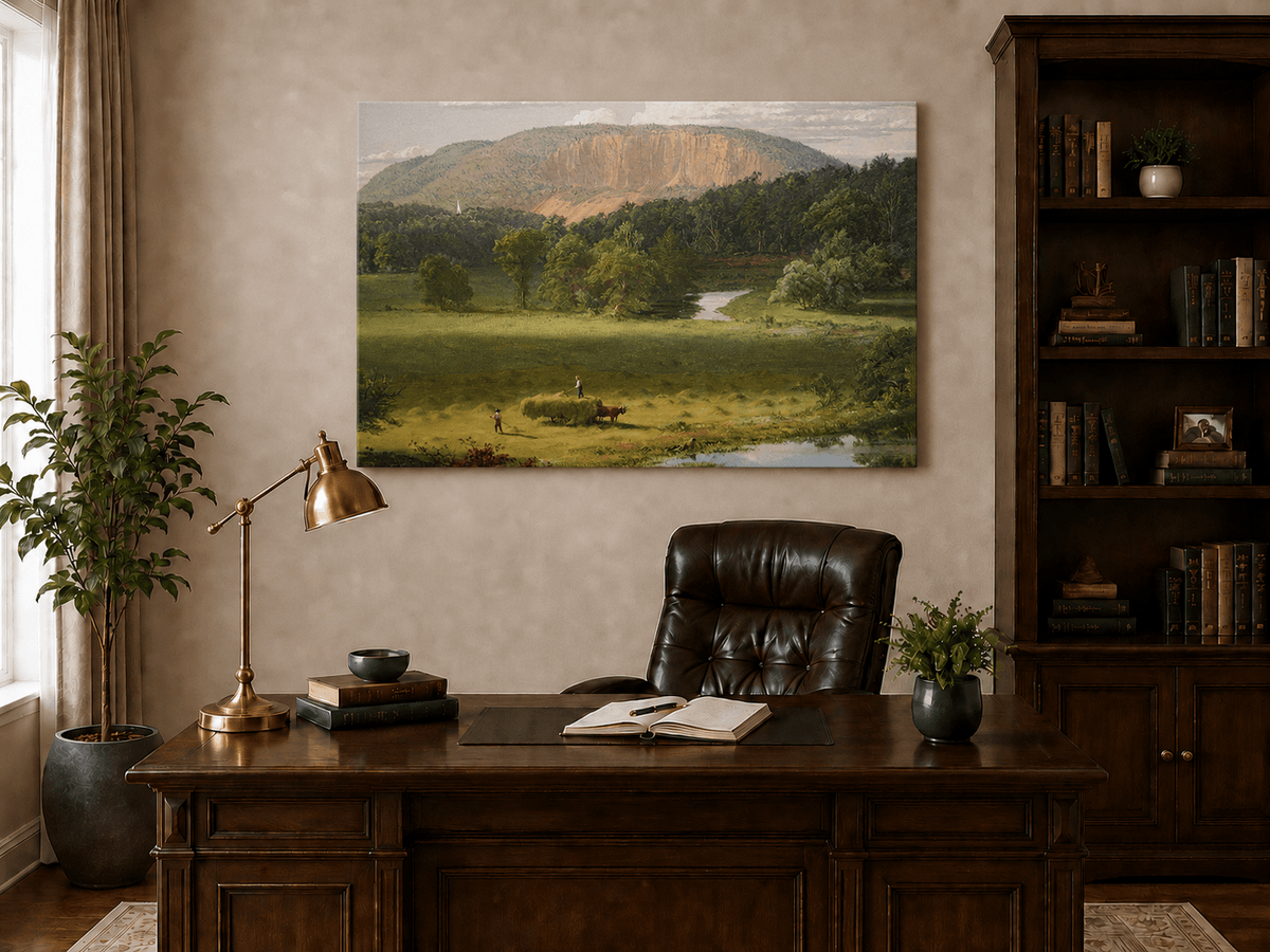 Interior wall art view featuring a hand-painted hayfield valley oil painting.