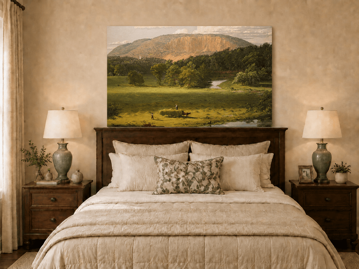 Hayfield valley oil painting displayed as landscape wall decor.