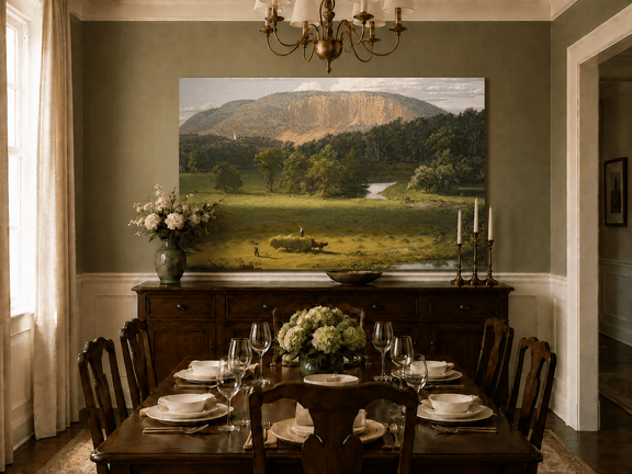 Hand-painted hayfield countryside landscape artwork in an interior display.