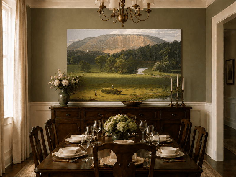 Hand-painted hayfield countryside landscape artwork in an interior display.