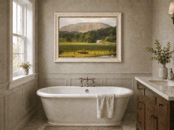 Hayfield valley landscape oil painting presented as interior home decor.