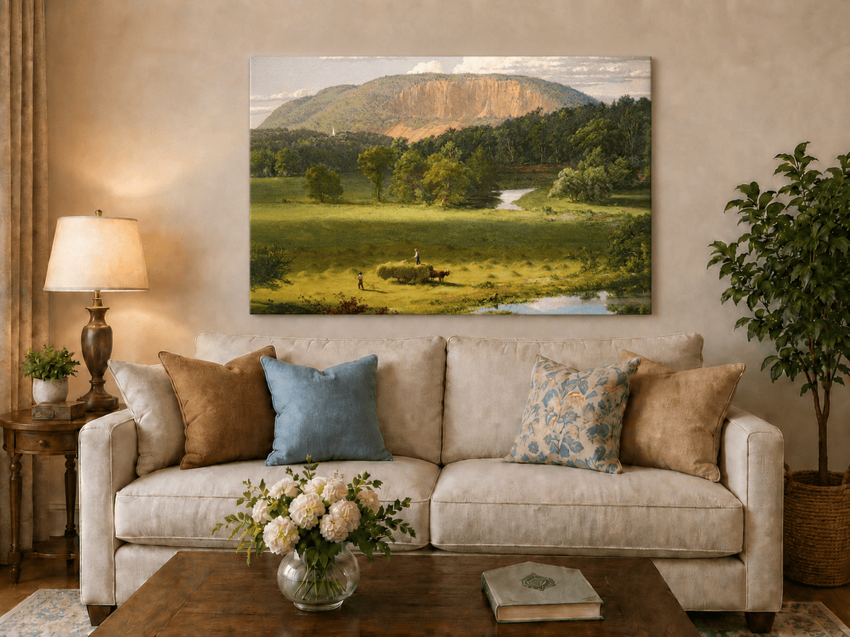 Hayfield valley hand-painted oil artwork displayed in a second interior view.