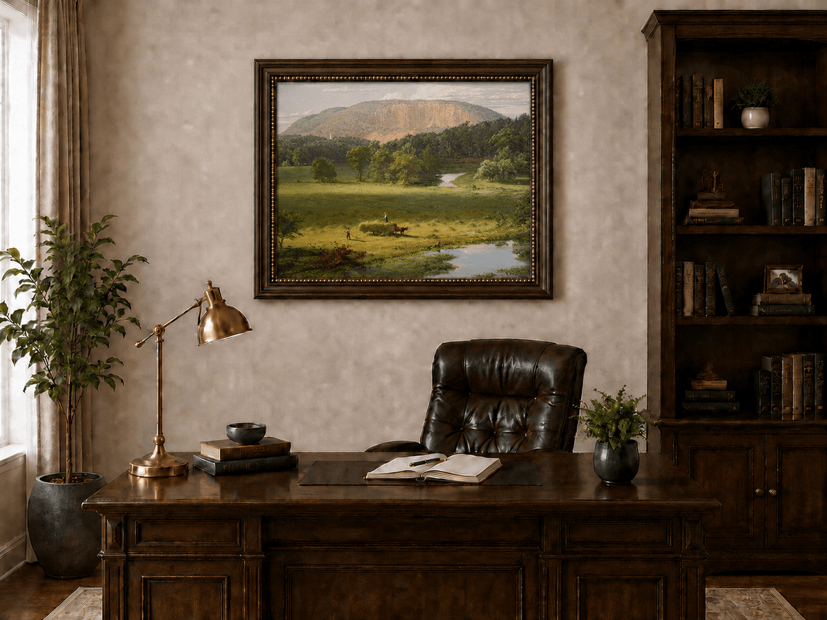 Open hayfield valley landscape oil painting presented in an interior wall art mockup.