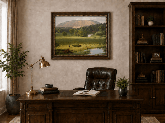 Open hayfield valley landscape oil painting presented in an interior wall art mockup.