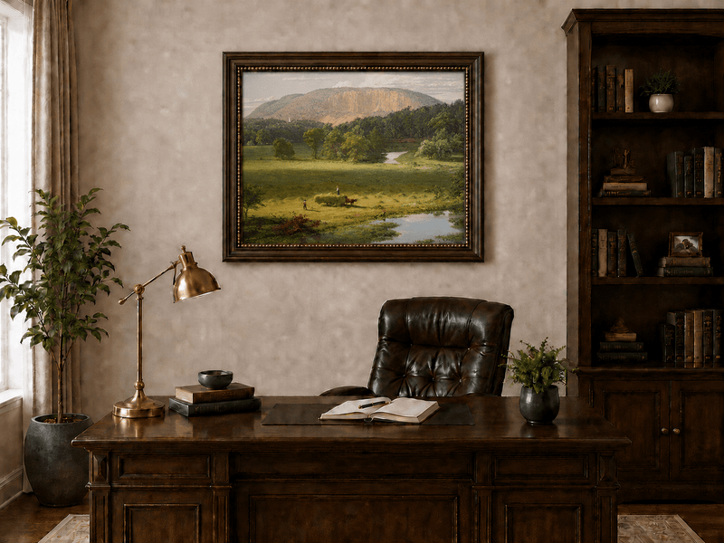 Open hayfield valley landscape oil painting presented in an interior wall art mockup.