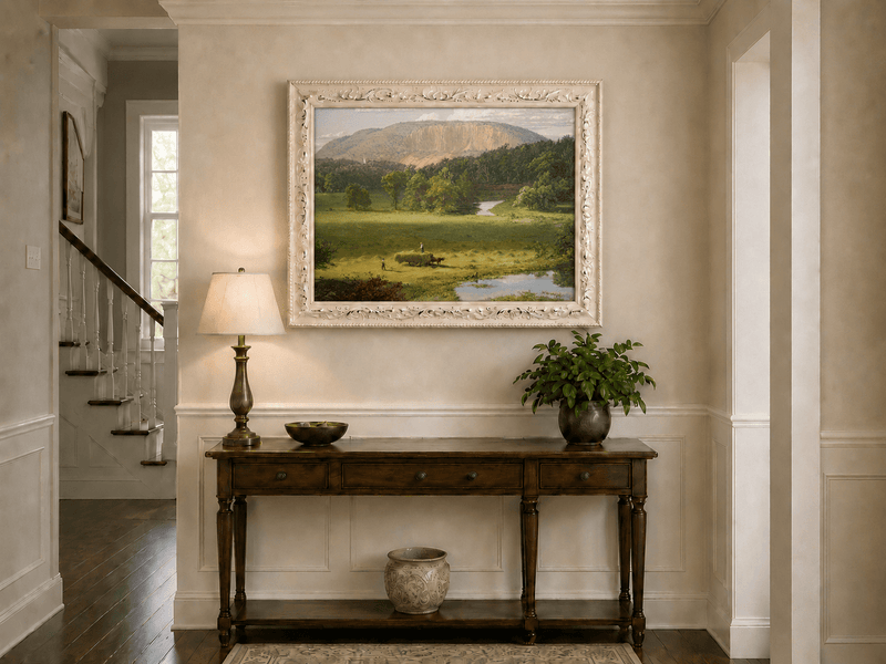 Hand-painted hayfield valley landscape shown as home wall decor.