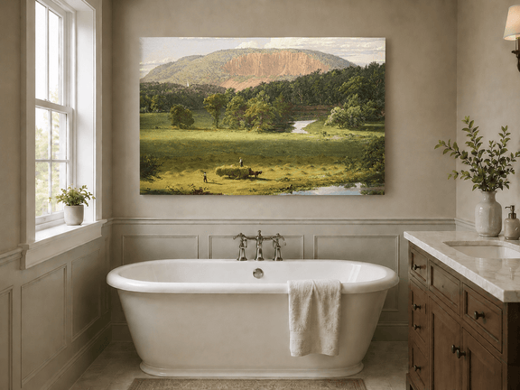 Hayfield valley view landscape oil painting presented as styled home decor.