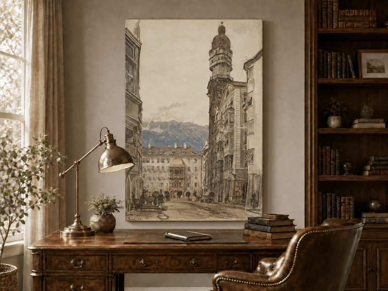 Landscape Oil Painting - Hand-Painted Innsbruck Clock Tower View