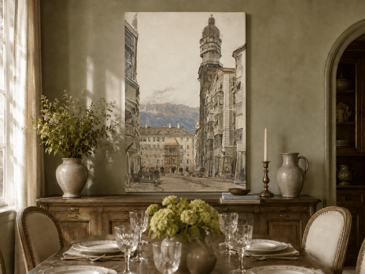 Landscape Oil Painting - Hand-Painted Innsbruck Clock Tower View