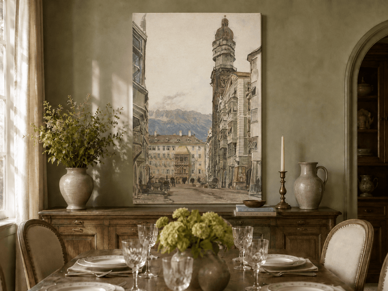 Landscape Oil Painting - Hand-Painted Innsbruck Clock Tower View