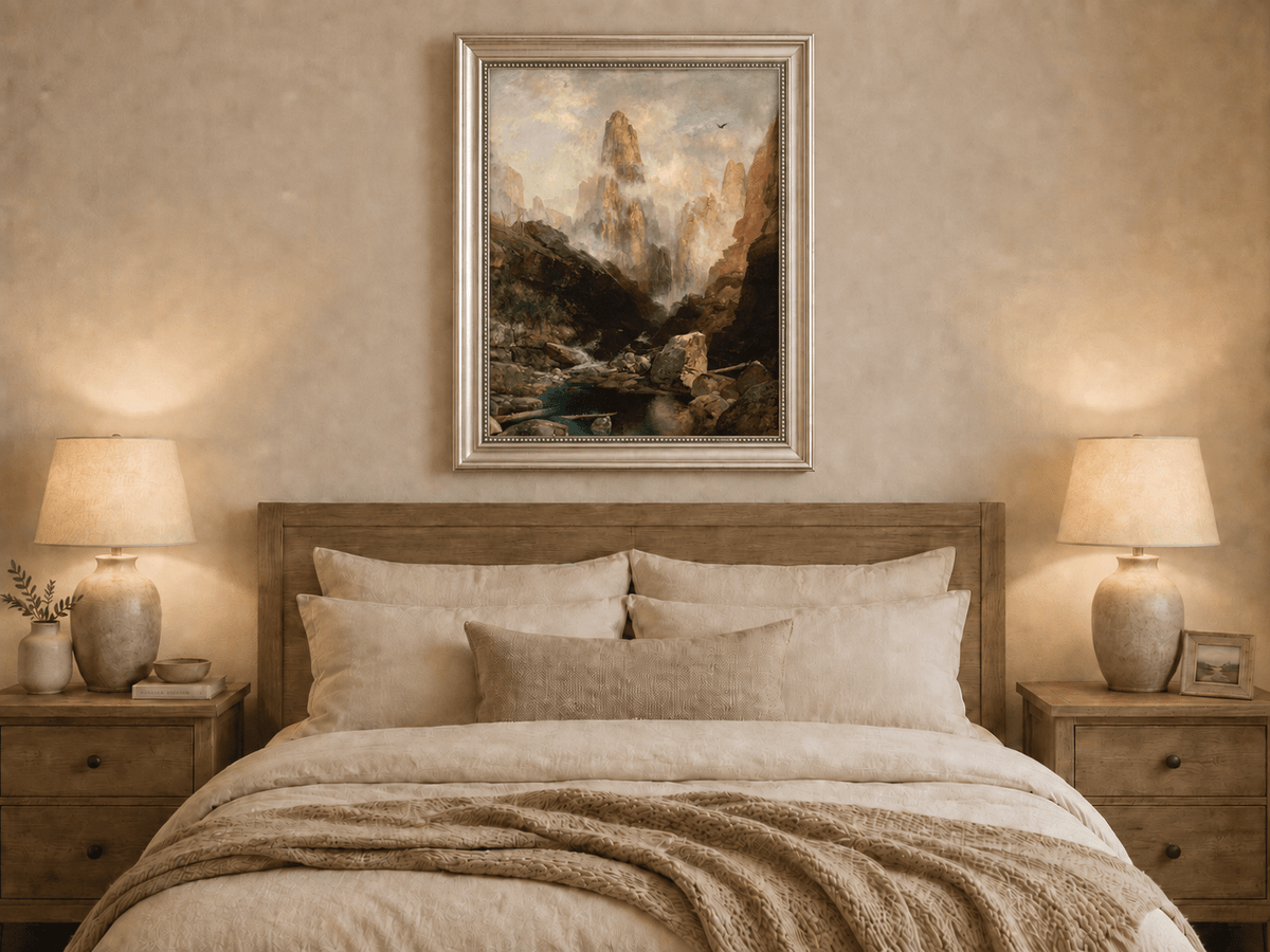 Landscape Oil Painting - Hand-Painted Misty Canyon Spire View
