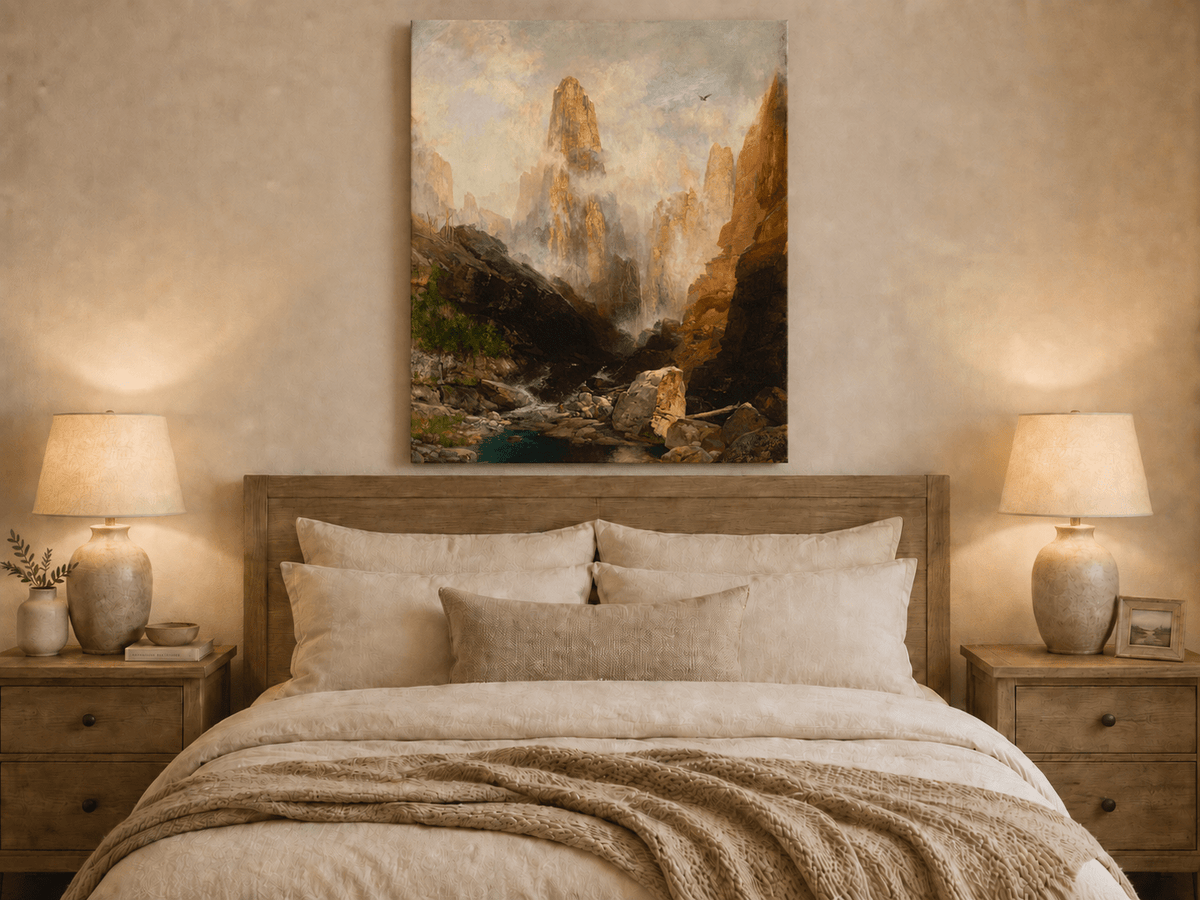 Landscape Oil Painting - Hand-Painted Misty Canyon Spire View