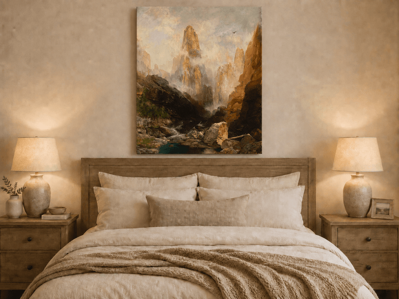 Landscape Oil Painting - Hand-Painted Misty Canyon Spire View