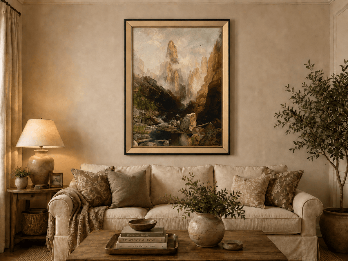 Landscape Oil Painting - Hand-Painted Misty Canyon Spire View