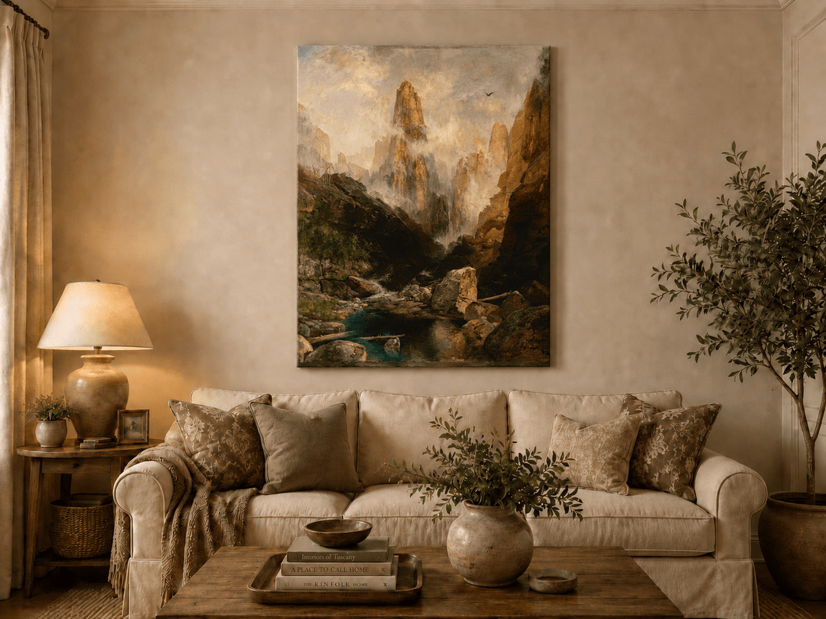 Landscape Oil Painting - Hand-Painted Misty Canyon Spire View