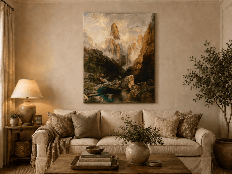 Landscape Oil Painting - Hand-Painted Misty Canyon Spire View