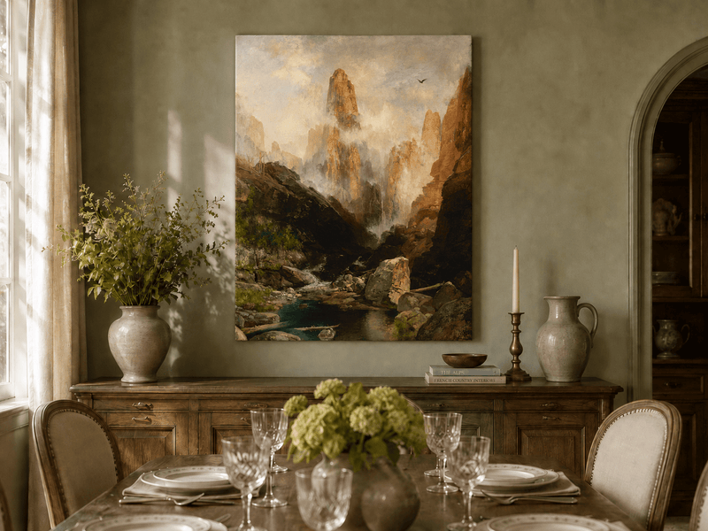 Landscape Oil Painting - Hand-Painted Misty Canyon Spire View