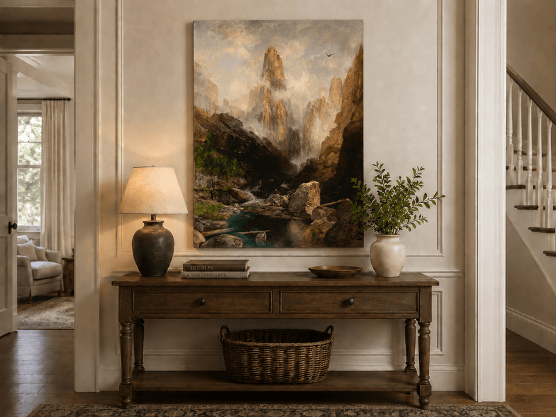 Landscape Oil Painting - Hand-Painted Misty Canyon Spire View