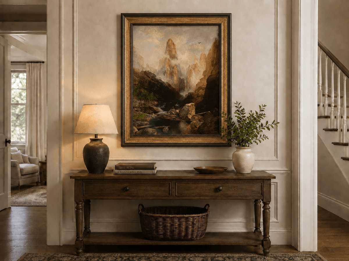 Landscape Oil Painting - Hand-Painted Misty Canyon Spire View