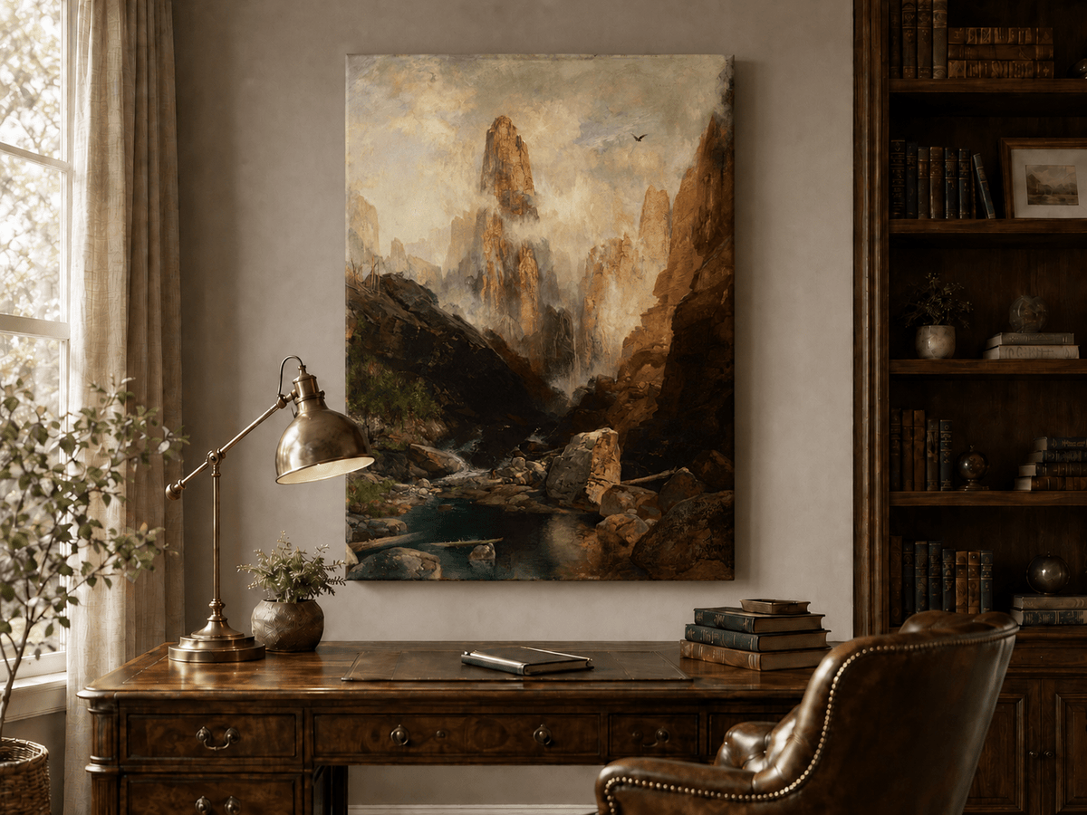 Landscape Oil Painting - Hand-Painted Misty Canyon Spire View