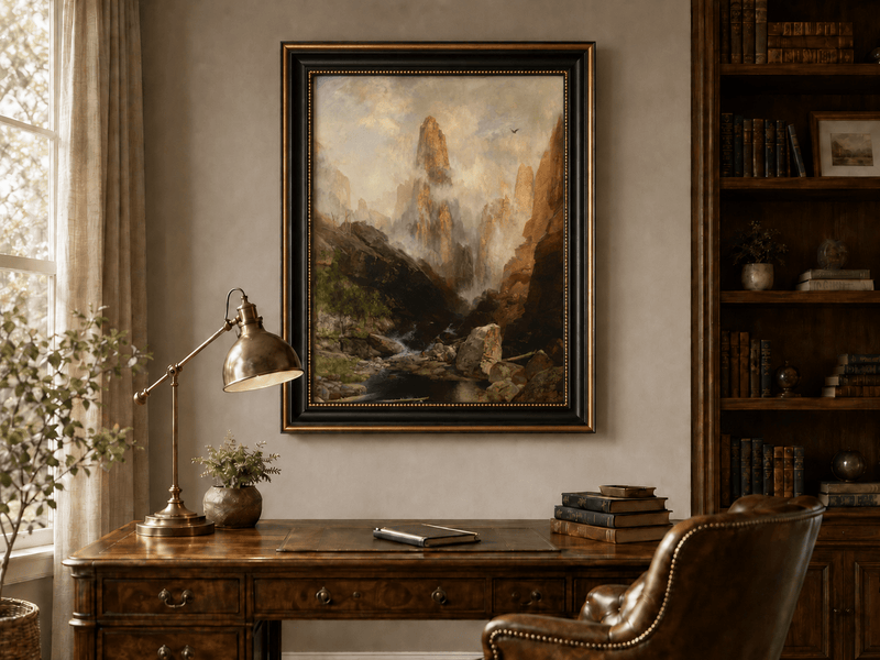 Landscape Oil Painting - Hand-Painted Misty Canyon Spire View