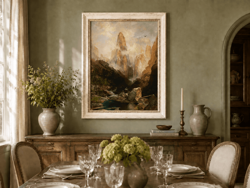 Landscape Oil Painting - Hand-Painted Misty Canyon Spire View