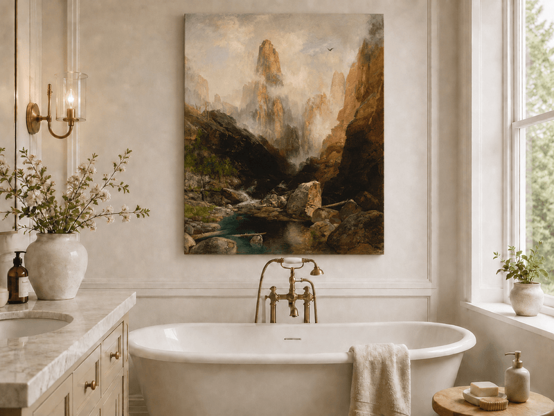 Landscape Oil Painting - Hand-Painted Misty Canyon Spire View