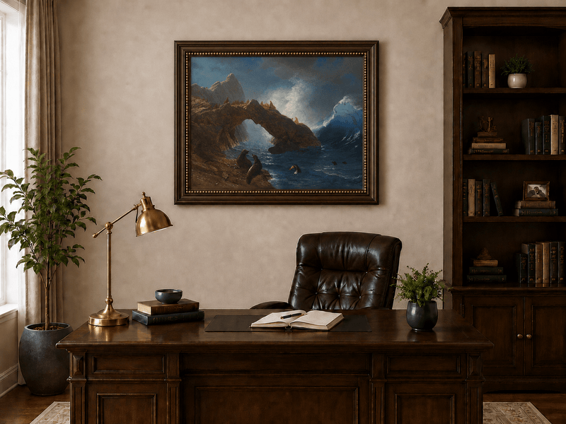 Peinture à l'huile de paysage - Village côtier avec phare et coucher de soleil