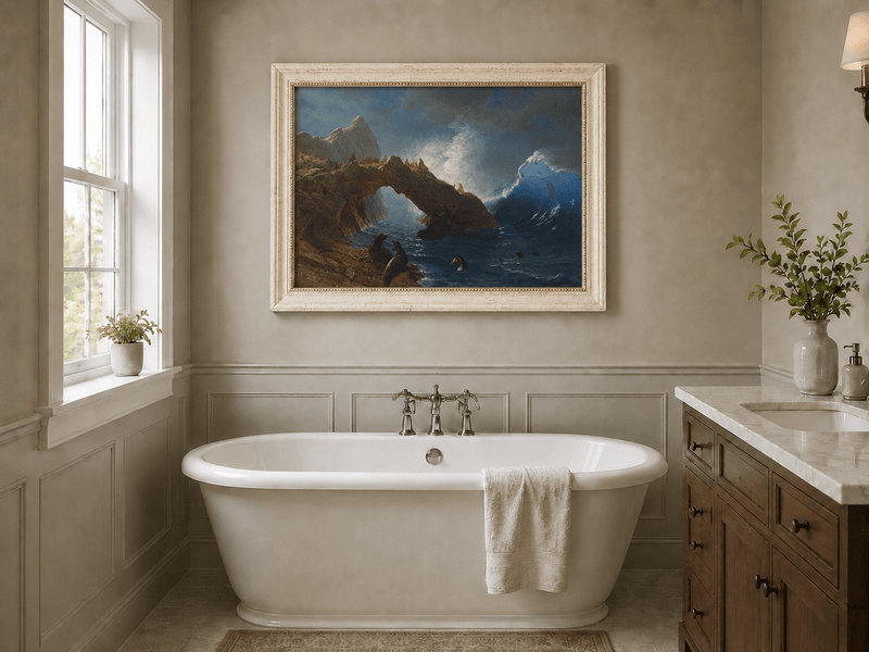 Peinture à l'huile de paysage - Village côtier avec phare et coucher de soleil