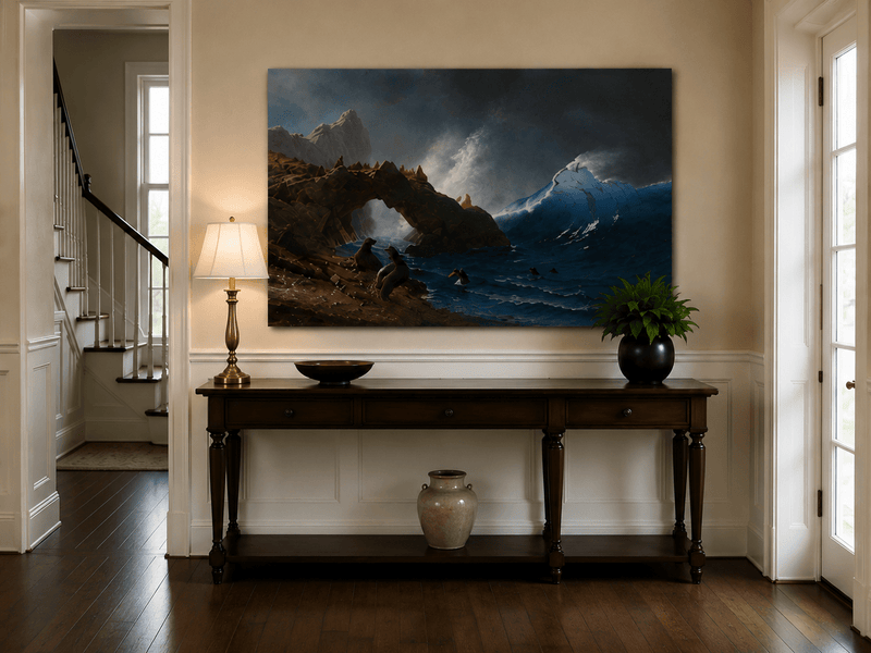 Peinture à l'huile de paysage - Village côtier avec phare et coucher de soleil