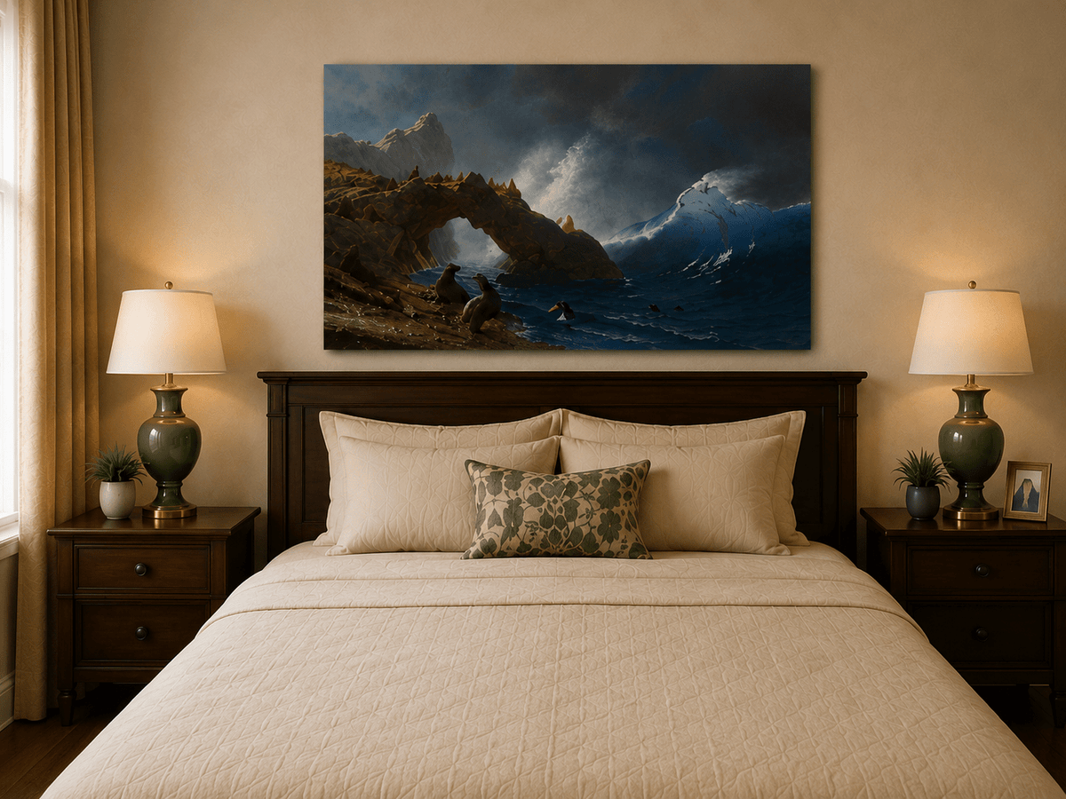 Peinture à l'huile de paysage - Village côtier avec phare et coucher de soleil